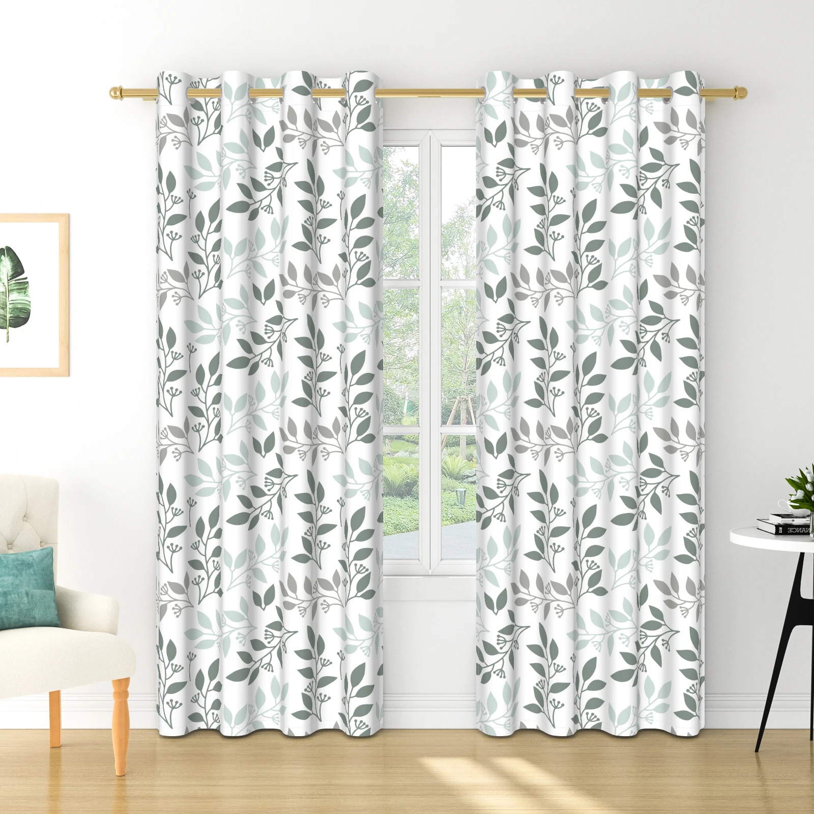 Boho Botanical Leaf Blackout Curtains, Minimalist  Green Eucalyptus Print Grommet Drapes for Bedroom Living Room Window Decor