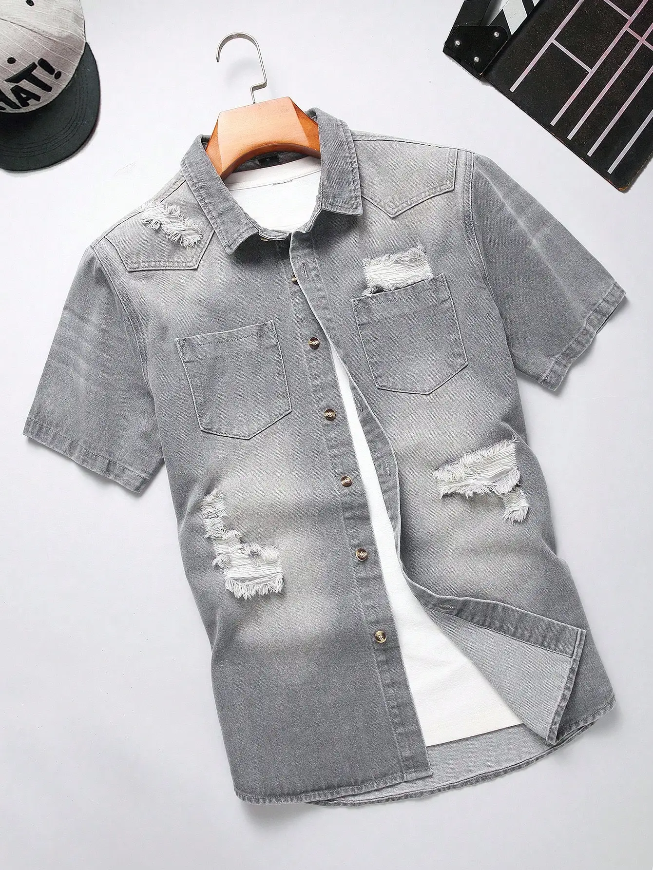 

Men Grey Denim Ripped Frayed Button Up Short Sleeve Shirt Casual
