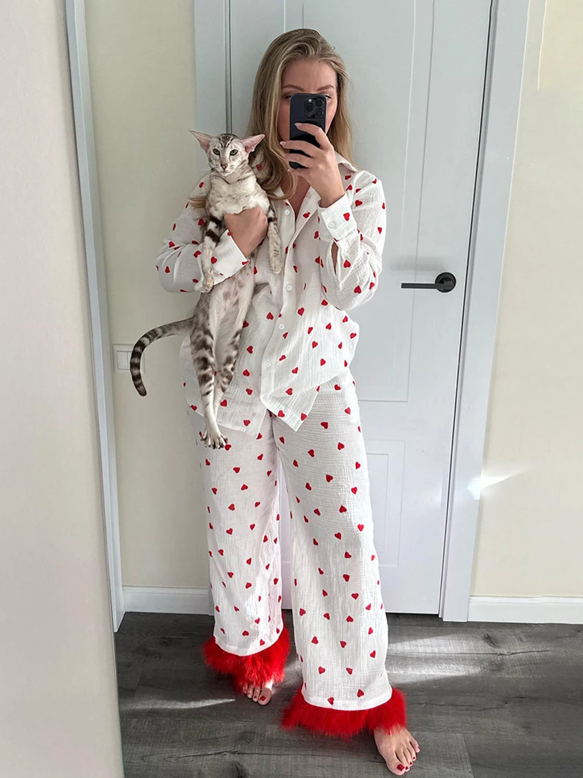 Marthaqiqi Printing Female Sleepwear Set Long Sleeve Nightwear Sexy Turn-Down Collar Pajama Feathers Pants Women Nightgowns Suit