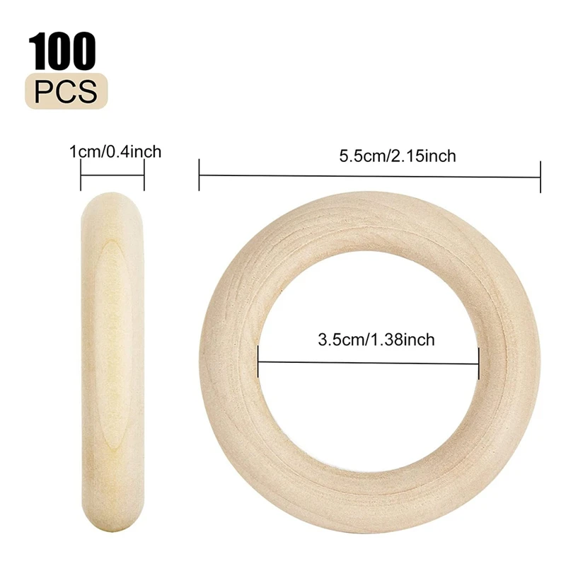 100PCS Natural Wood Rings For Crafts 55Mm Lace Rings Solid Wood Rings For DIY Crafts, Connectors Jewelry Making