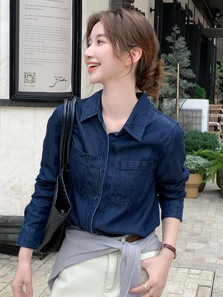 Haut Long en Denim bleu rétro pour femmes, vêtement d'extérieur superposé, coréen, coupe droite, détail de boutons, printemps automne hiver