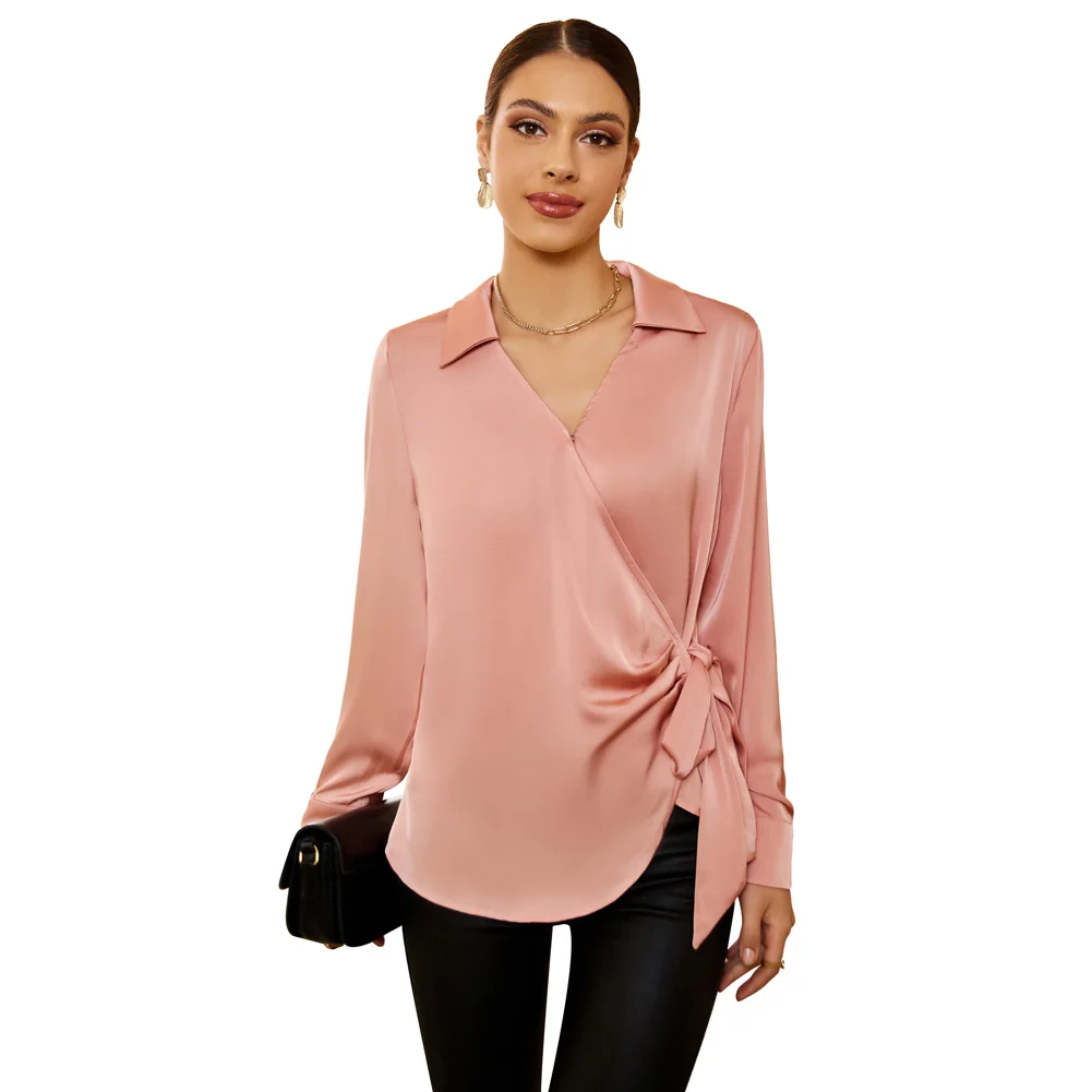 GK Women Blouses And Shirts Satin Smooth Surplice V-Neck Tie At Left Side Long Sleeve Elegant Slim Fit Lapel Collar Pullover Top