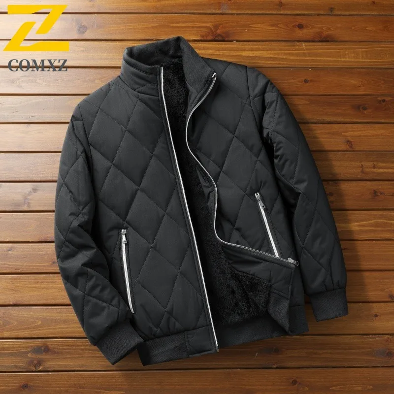 COMXZ Men Padded Jacket Baseball Collar Fleece Lined Plaid Parkas Winter Trendy Quilted Lightweight Casual Daily Outerwear 2025
