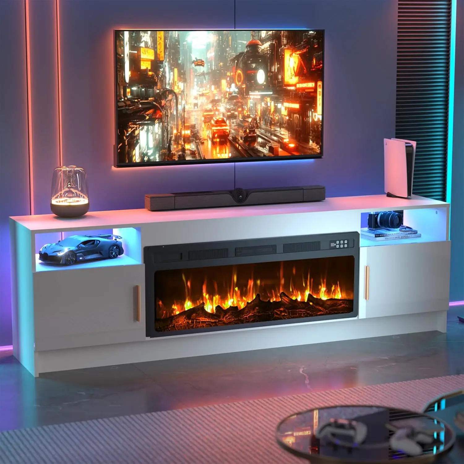 

Подставка под телевизор с каминной подставкой под телевизор для телевизора 75+ i h, светодиодный развлекательный центр для гостиной со вставками для камина 36 дюймов