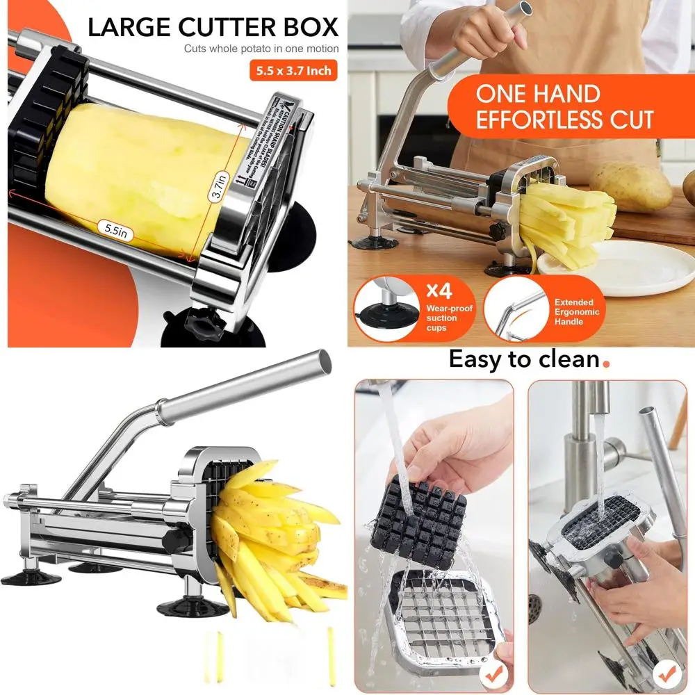 

Stainless Steel French Fry Chopper with Adjustable Blades: 1/2, 3/8, 1/4 for Potatoes