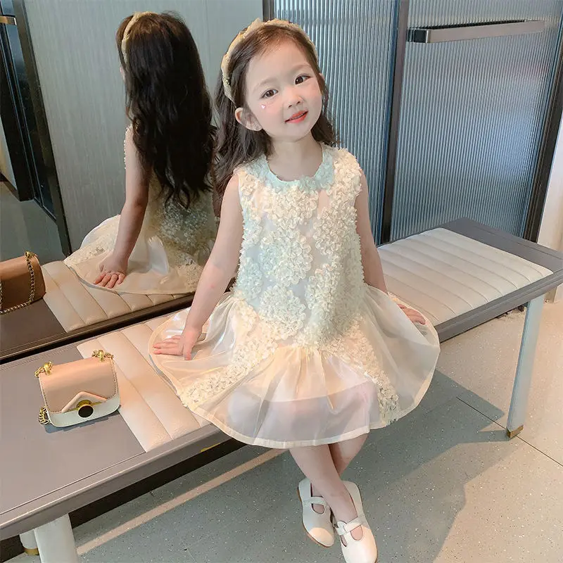 Summer Elegant Fashion Harajuku Slim Fit Children Clothes Loose Casual All Match Princess Dress Solid O Neck Sleeveless Dresses