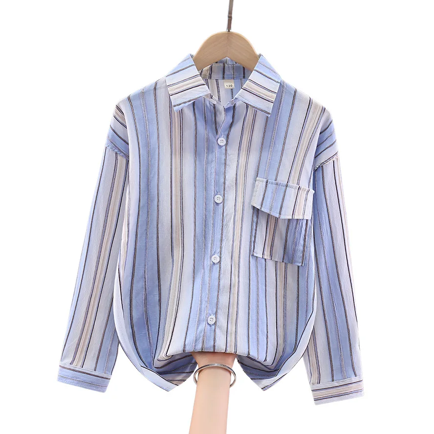 

Children's Stripe Shirt 2025 New Spring Kids Casual Turn Collar Long Sleeve Tops For Teenager Boys 4-15 Years Clothes