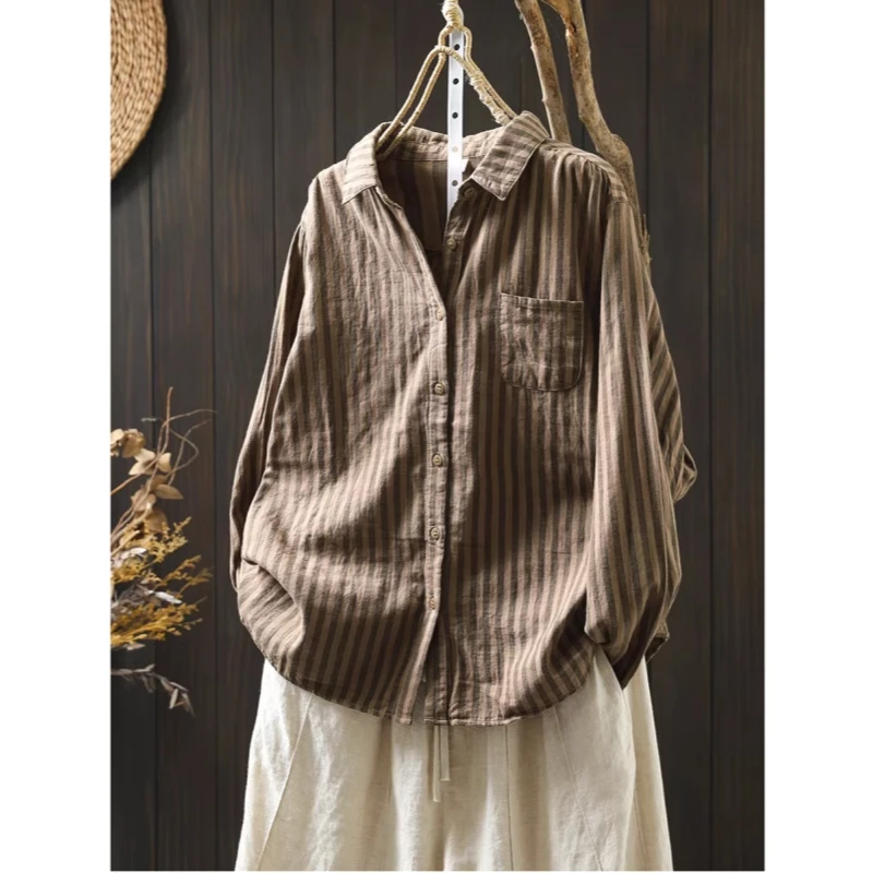 قميص قطني فضفاض بأكمام طويلة للنساء، نمط كاجوال، خطوط عمودية، طبقة مزدوجة، قميص ربيعي جديد فني غير رسمي
