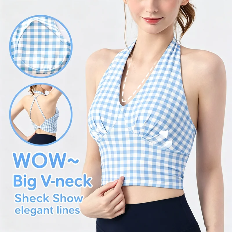 

Summer Women's V-neck Plaid Print Halter Yoga Vest, Slim Crop Camisole, Outerwear Sports Bra for Running & Fitness