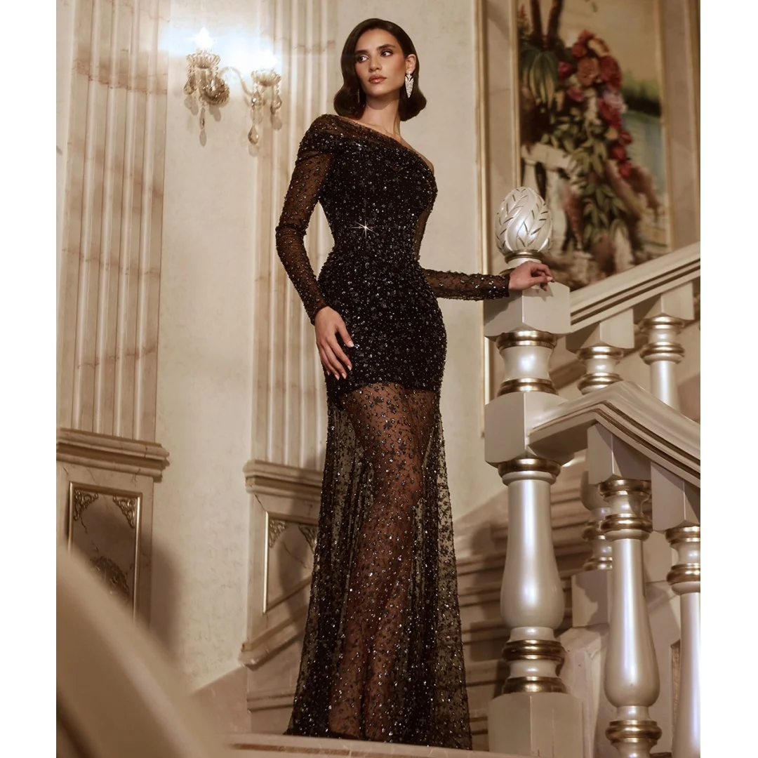 

Charming Black Sequined Evening Dresses Transparent Long Sleeves Prom Dress Luxury Party Gown Gala Vestidos Customized