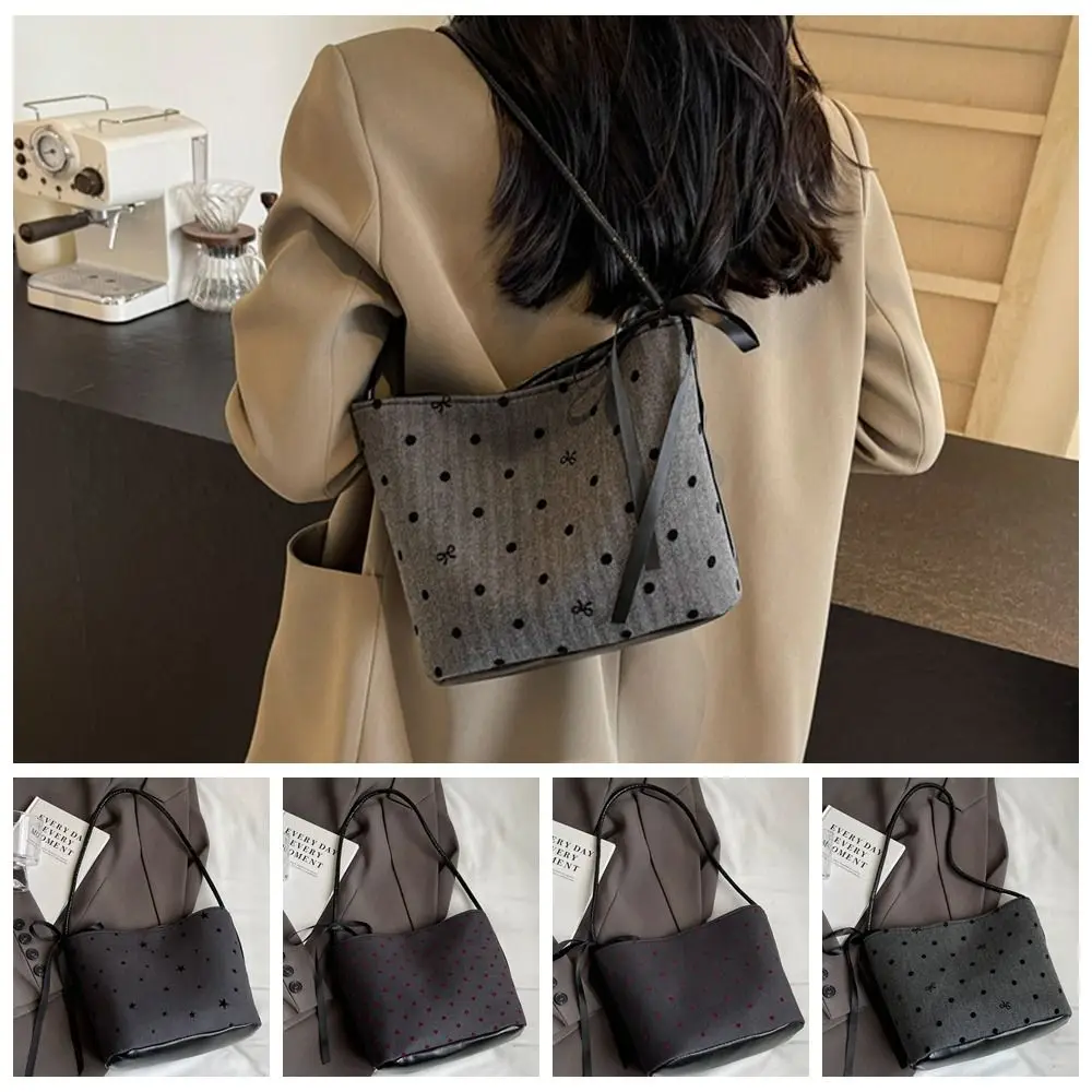 Simple Cloth Bowknot Shoulder Bag Large Capacity Wave Point Underarm Bucket Bag Solid Color Y2K Star Handbag Ladeies