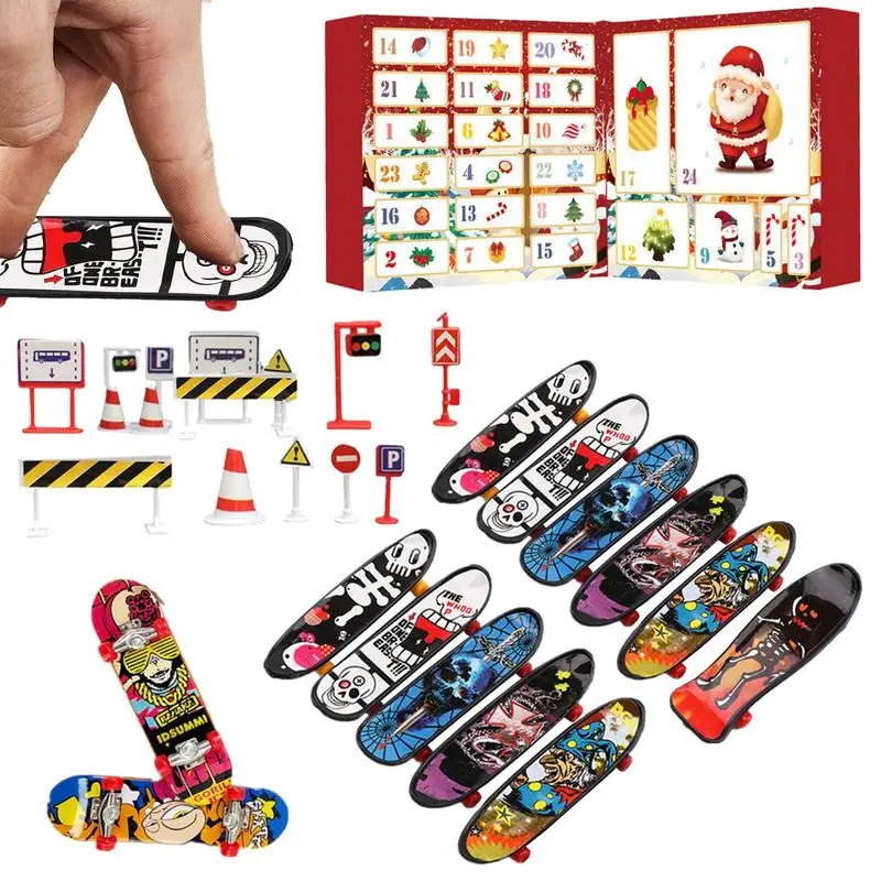 Calendario dell'Avvento di Natale per skateboard da dito Calendario per il conto alla rovescia di 24 giorni Set di giocattoli per skateboard da dito Scatola cieca a sorpresa per bambini