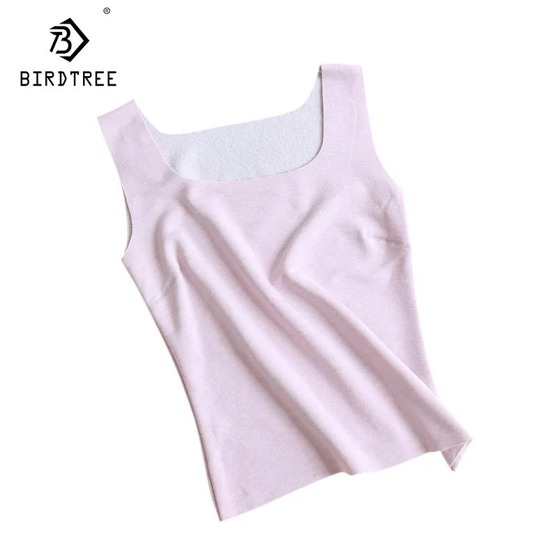 Birdtree, 32.9%Silk Fashion Knitted Camisole, Women's Warm Basic Lining Vest, 2024 Autumn Winter Silk Brushed Tank Top P49701QM