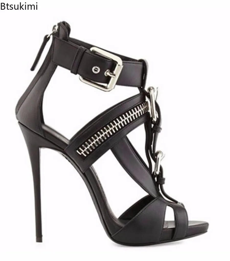 Women Punk Style High Heel Sandals Open Toe Buckle Strap Metal Zipper Stiletto Party Shoes Hot Girl T Strap Pumps Y2K  Sandals