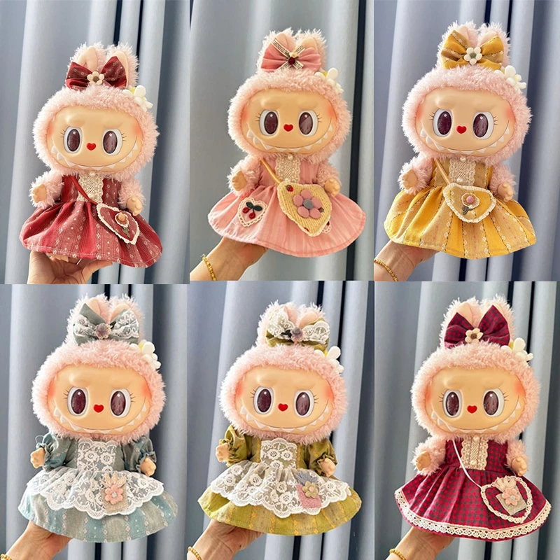 

Suitable for 38cm labubu Doll Mini Cute Dress Set Shoulder Bag Skirt Hair Clip Set Decorative Accessories(Clothes Only)