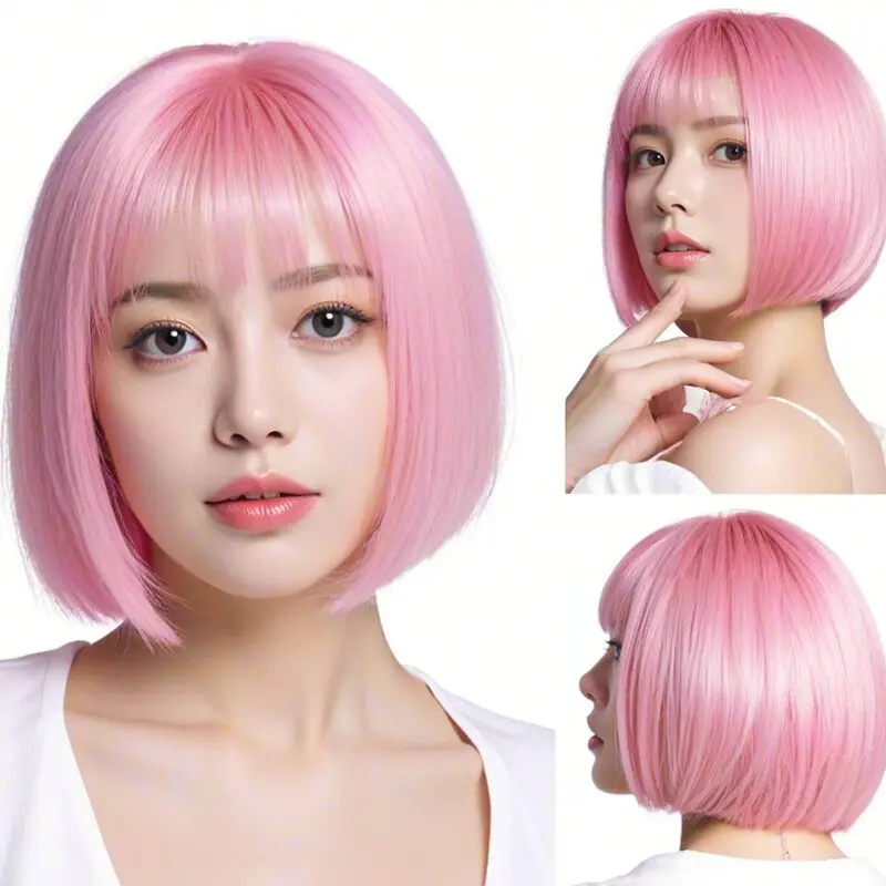 100% Density Short Straight  Bob Cut Wig with Bangs - Heat Resistant,  Synthetic Hair, Party and Music Festival Wig for Women