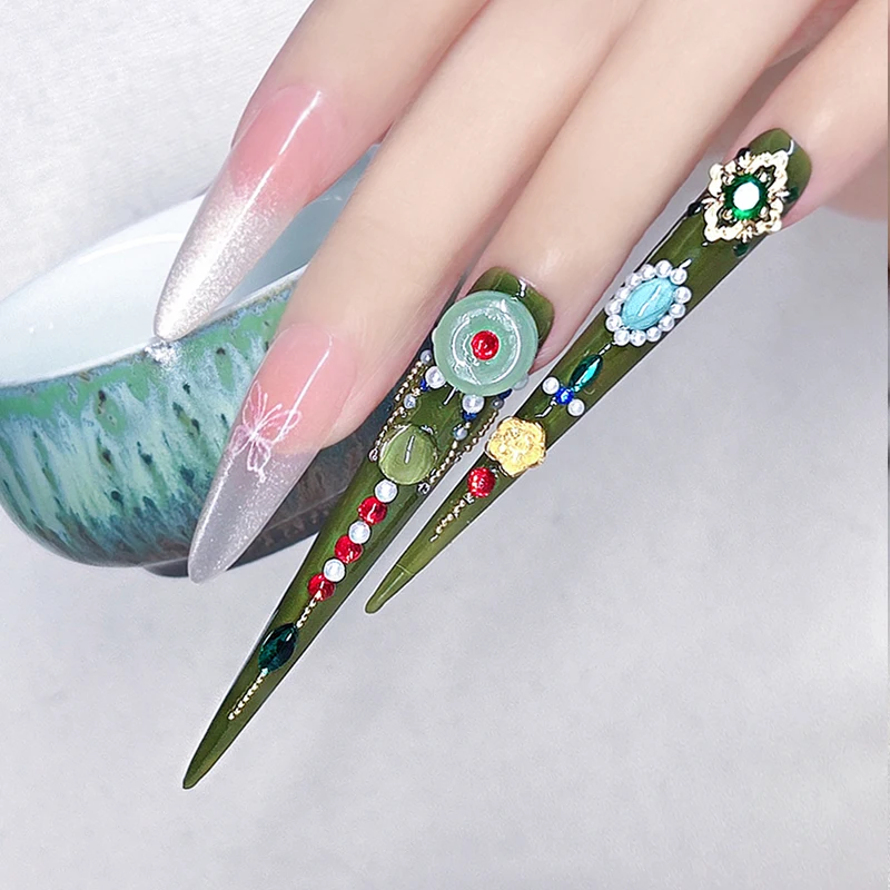 14 Piece（4 long+10 short） Handmade Retro Gem Littini Nail Set Shiny Elegant for Occasions (Better Than) Popular Kits