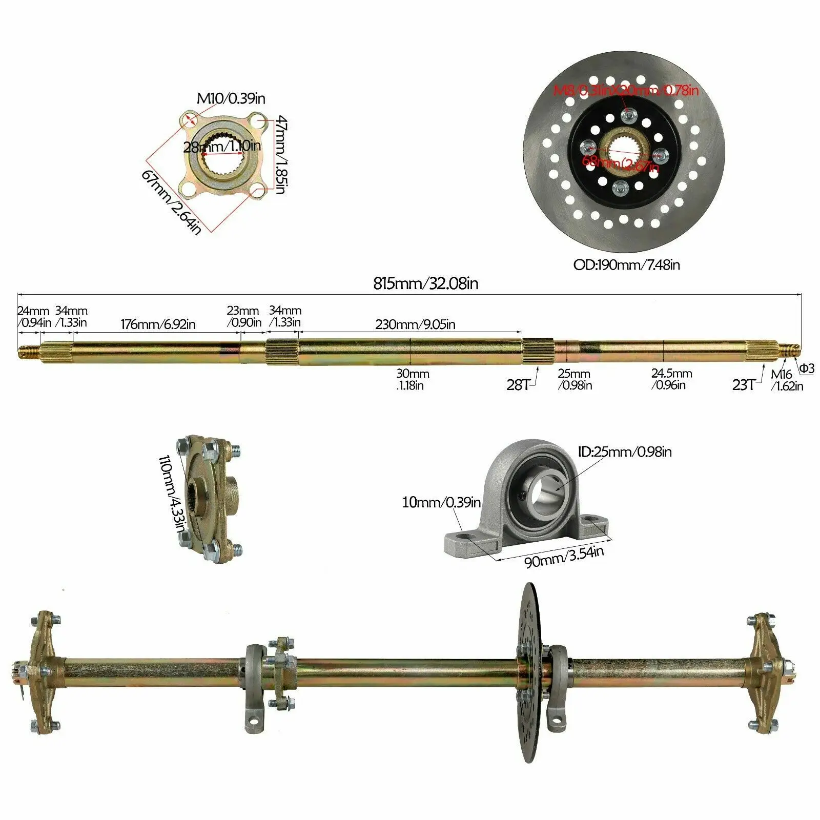 32'' Rear Axle Kit 4 Stud 8'' Tire Brake Caliper for Golf Cart Go Kart Trike ATV