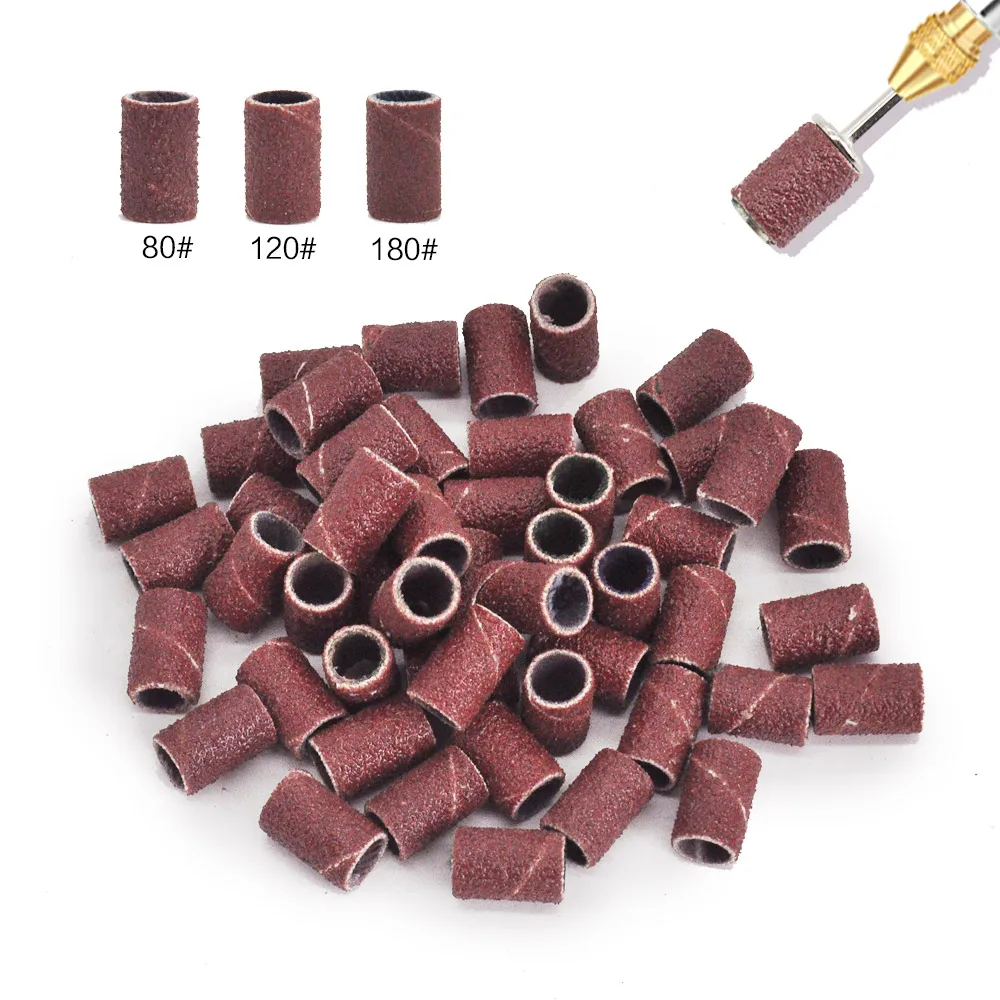 100/50pcs Sanding Cap Bands for Electric Manicure Machine 180/120/80 Grit Nail Drill Grinding Bit Files Pedicure Tool Set Brown