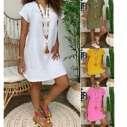 Summer loose solid color short sleeved V-neck cotton linen dress Women's stock dress