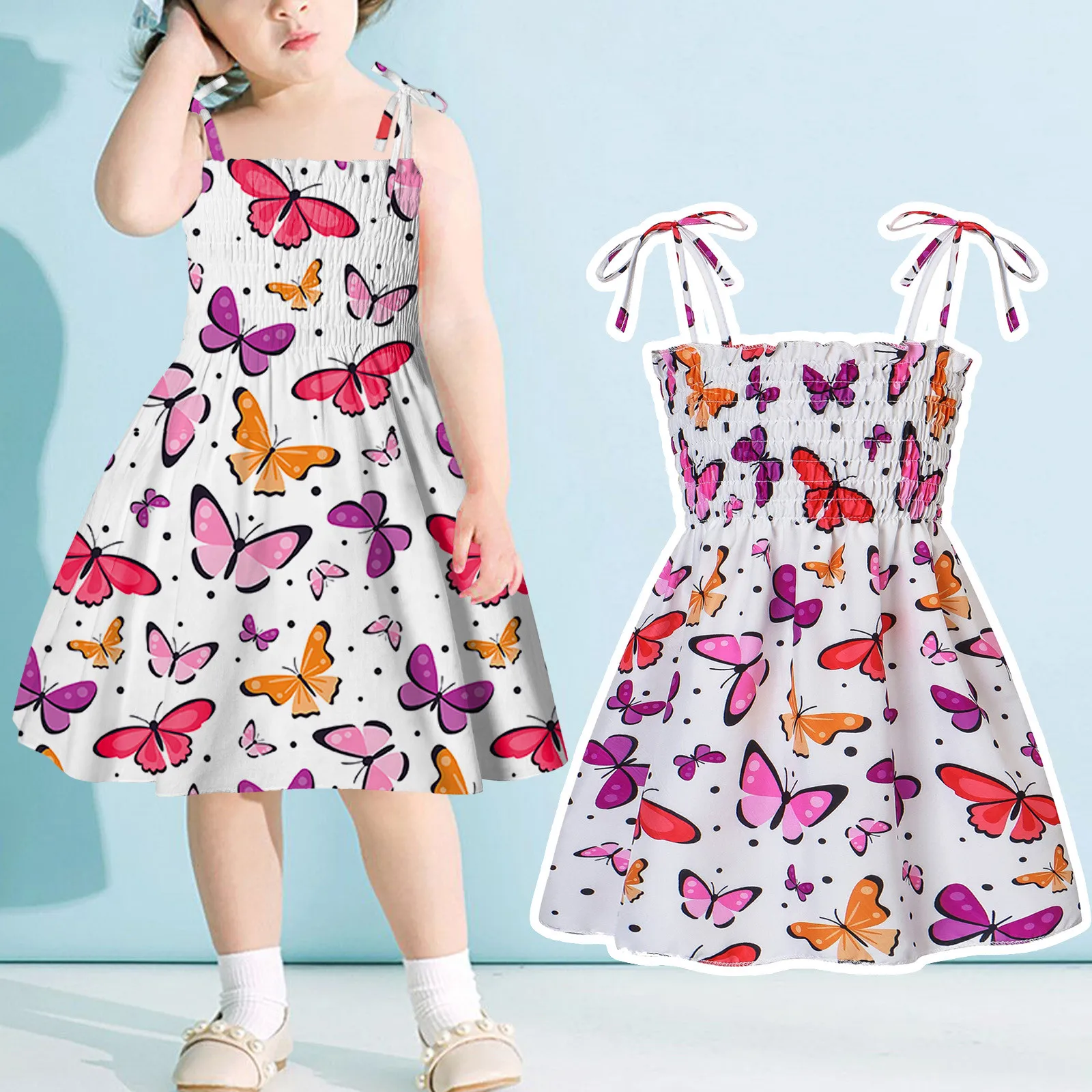 

1-6 Years Toddler Baby Kids Girls Dresses 2023 New Butterfly Print Sleeveless Strap Summer Party Beach Dresses Casual Clothes