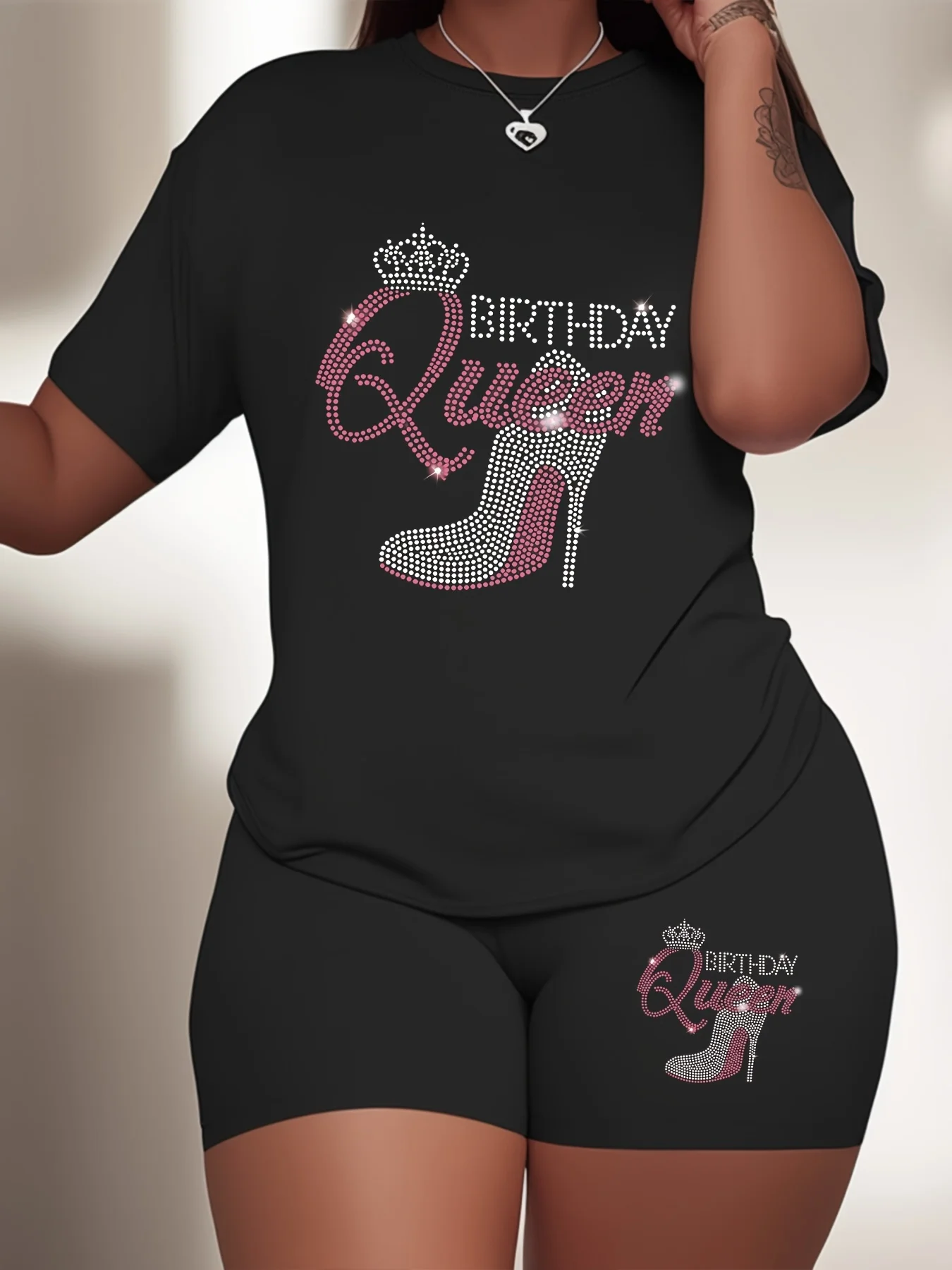 Birthday Queen T-Shirt And Shorts Set, Short Sleeve Comfort Fit, Party Wear, Women\'s Plus Size Sporty Casual Outfit 2 pieces set