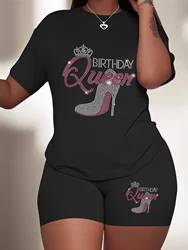 Birthday Queen T-Shirt And Shorts Set, Short Sleeve Comfort Fit, Party Wear, Women's Plus Size Sporty Casual Outfit 2 pieces set