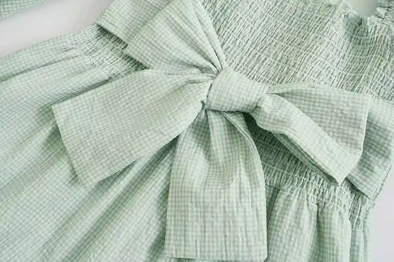 Ispirato GINGHAM verde da donna corpetto smock estivo maniche a sbuffo lungo Boho carino fiocco legato sul retro abito femminile