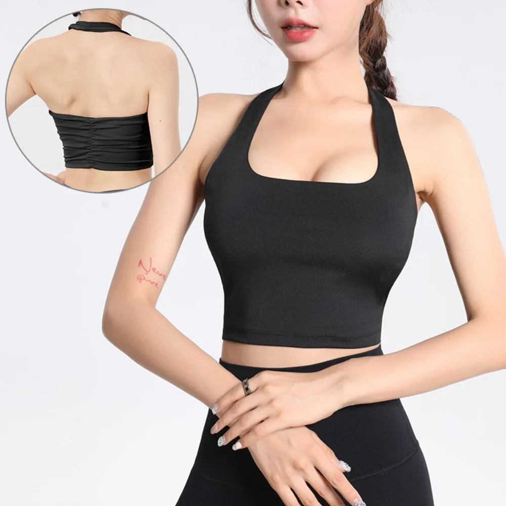 

Elegant Design Hanging Neck Strap Sports Bra Pleated Back Adjustable Strap Backless Sportswear Earthquake-proof Comfortable