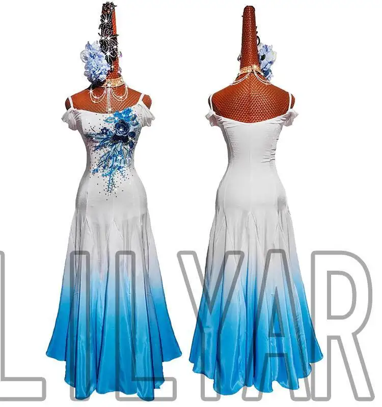 

High-end New Modern Dance Costume Ballroom Dance Square Dance Competition Performance Gradient Lake Blue Embroidery Shiny