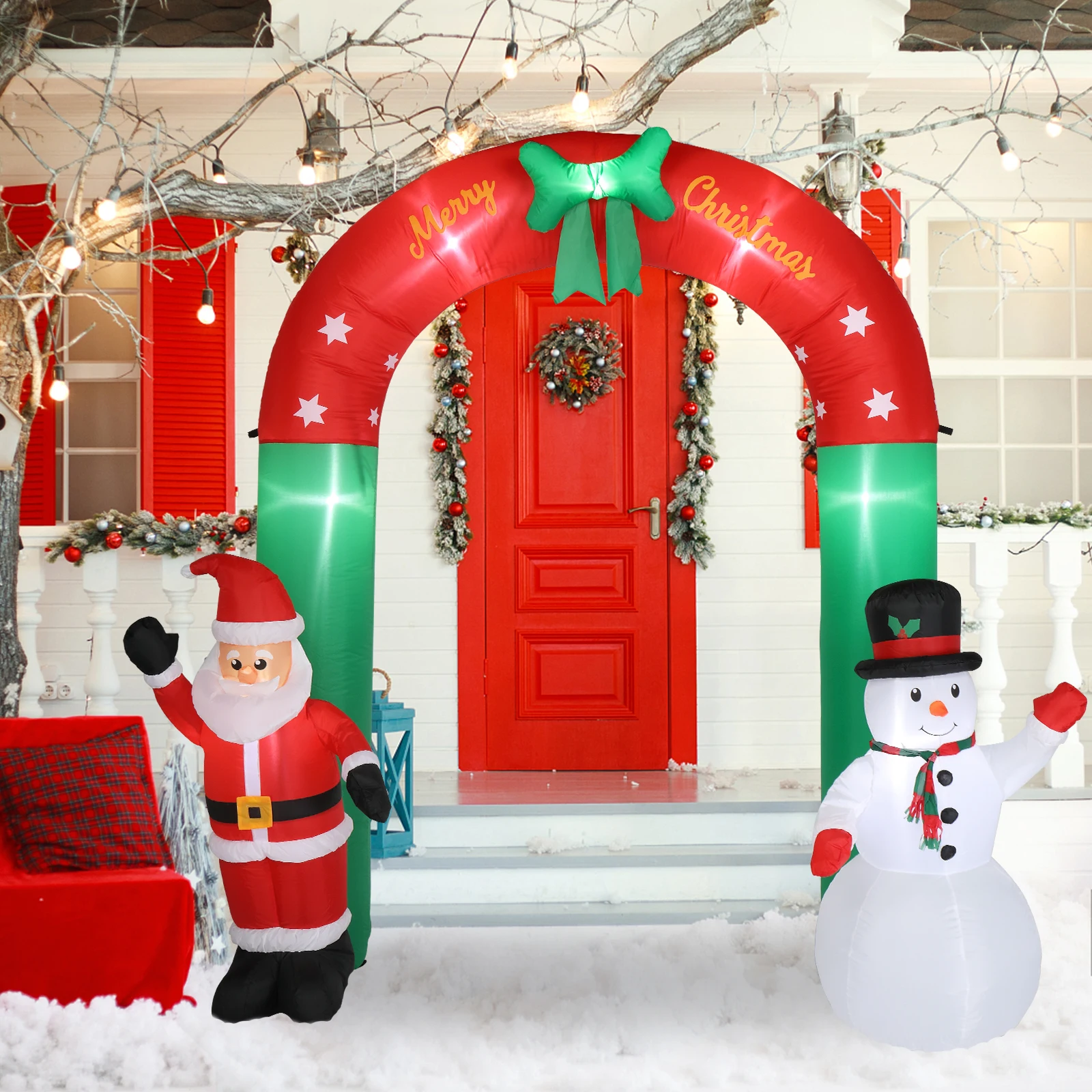 

8ft with Santa Snowman 7 Lights Inflatable Festive Arch Decoration Create a warm holiday atmosphere Red