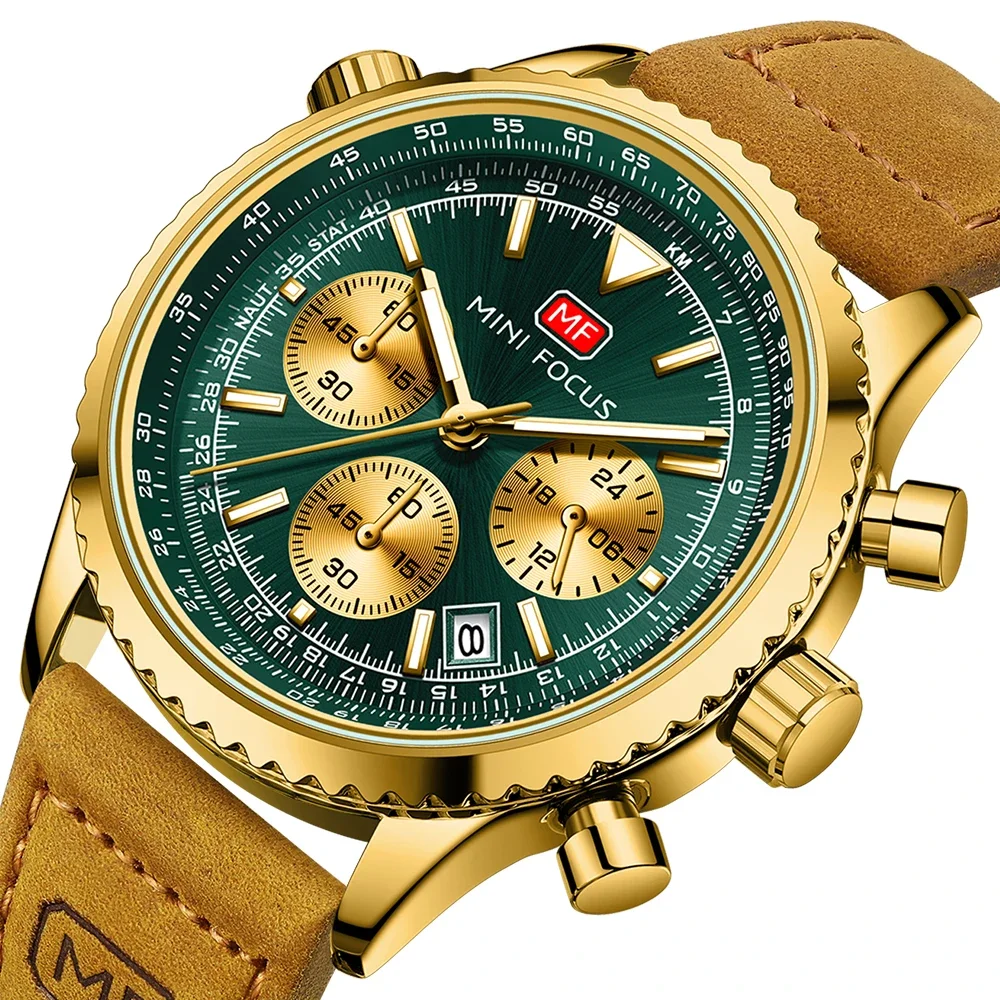 MINI FOCUS Men's Multifunction Quartz Watch Genuine Leather Strap Luminous 30M Water Resistant Casual Wristwatch