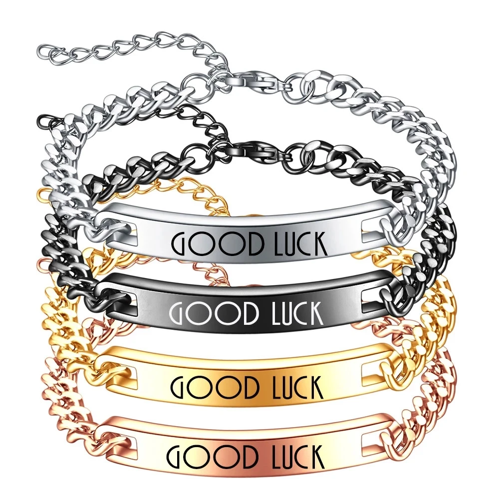 7 mm großes Paararmband aus glattem Edelstahl mit „GOOD LUCK“-Glückslogan mit Gravur