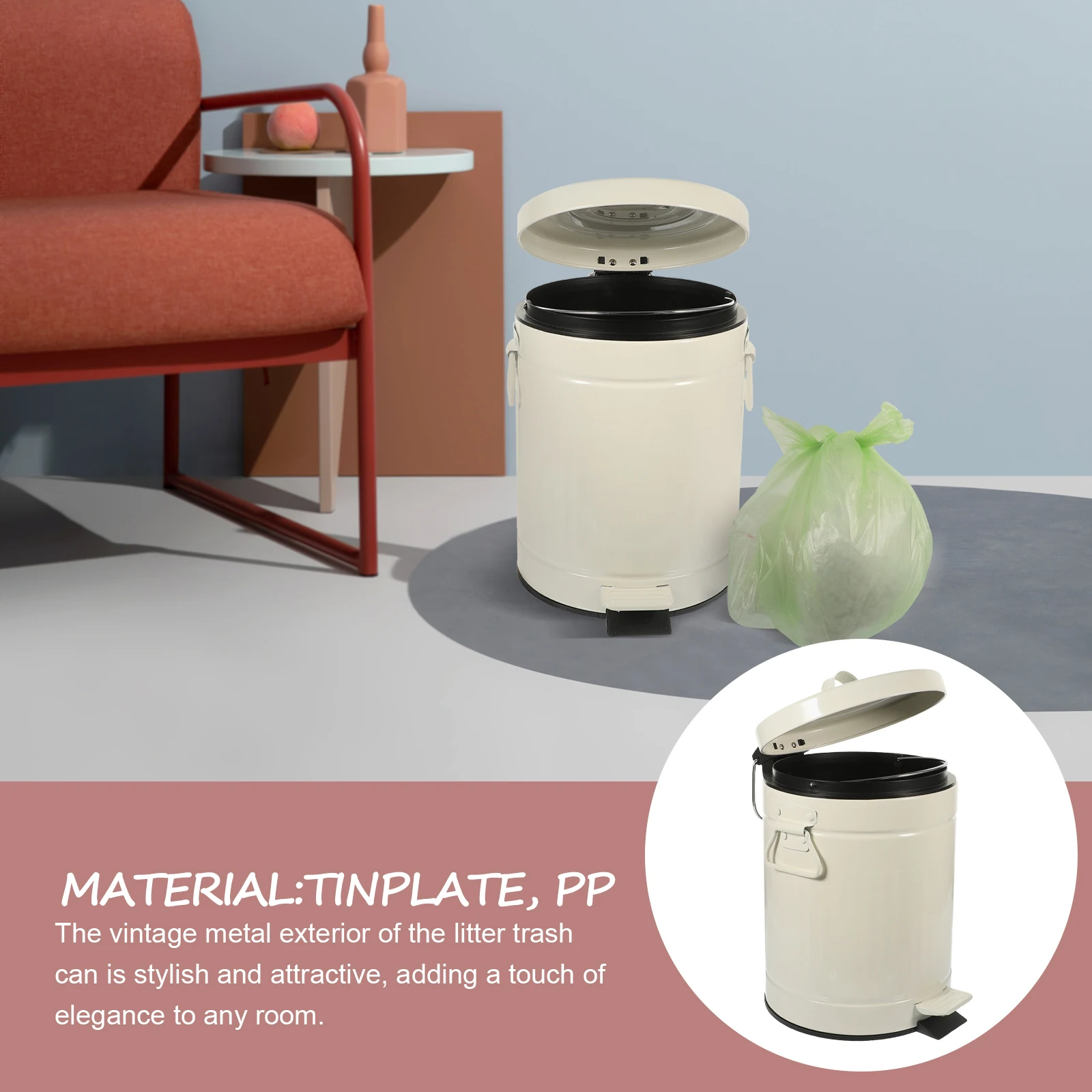 

Retro Metal Trash Can 1.3 Gallon 5L Soft Close Lid Foot Pedal Bin for Bathroom Kitchen Bedroom Living Room Farmhouse