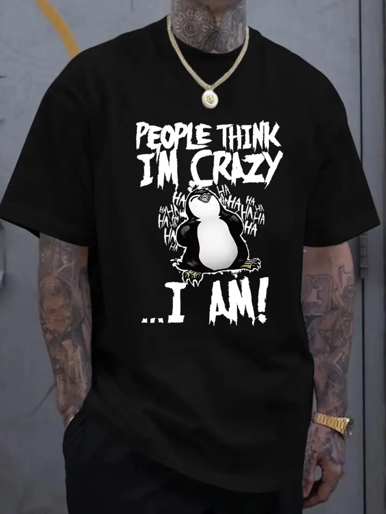Extra großes Herren-T-Shirt – Crazy Penguin T-Shirt für Herren – T-Shirt mit humorvollem Muster, lässige Sommerkleidung, urbane Mode