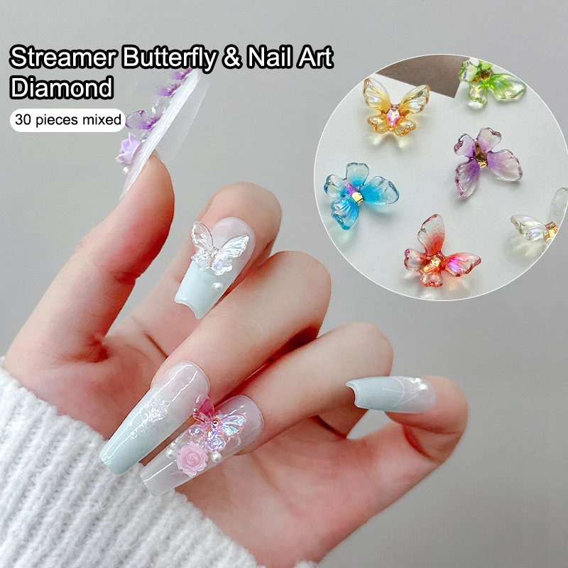 Breloques colorées Aurora 3D Nail Art, papillon, accessoires, décoration, conception, fournitures de manucure, matériel, outil, N64, 30 pièces