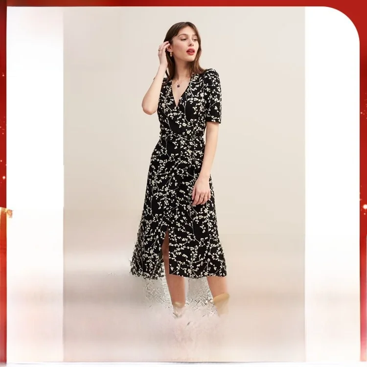 

DVFV Collar Bow Side Bule Wrap Floral Print Summer New Retro Le Print Dr Women's Faion mid Waist Single Piece Dr