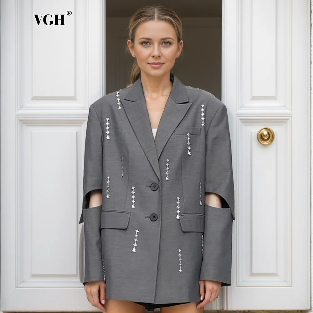 

VGH Hollow Out Patchwork Chain Chic Blazers For Women Notched Collar Long Sleeve Spliced Button Minimalist Coat Female Fashion