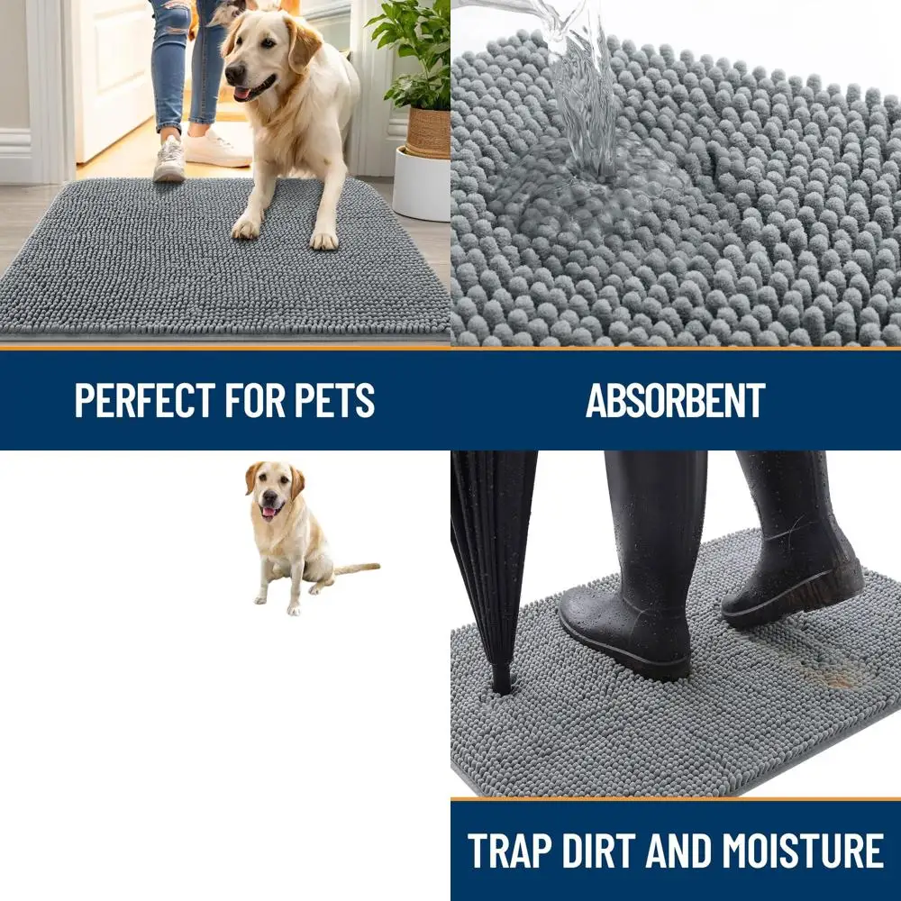 

Коврик для собак Muddy Paws Solution: моющийся, противоскользящий, быстросохнущий, 70x24 дюйма, серый, из шенилла, для использования внутри помещений.