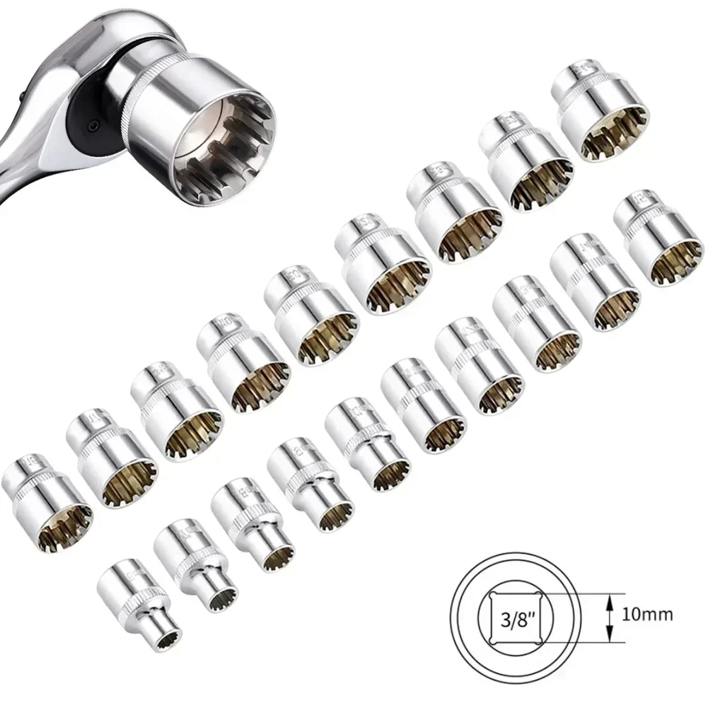 12 Point 12 Point Socket Bit Mirror Short Socket Head 3/8inch Drive Torx Bit Ratchet Wrench Adapter Torque Spanner 6-24mm