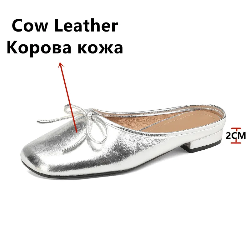 FEDONAS Women Sandals Genuine Leather Mules Slippers Square Toe Low Heels Sweet Fashion Butterfly Knot Shoes Woman Casual Office