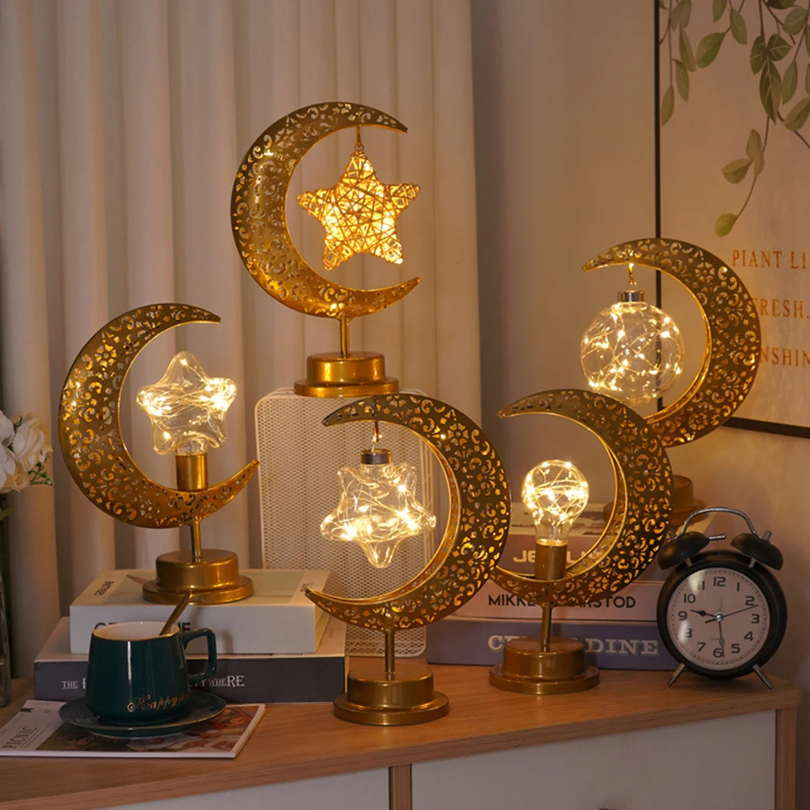 

Eid Decoration LED Ramadan Moon Lamp Star Metal Bedroom Table Lamp Night Lights Battery Powered Holiday Lighting Atmosphere Lamp