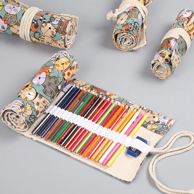 

Cotton Canvas Large-capacity Pen Curtain 12 24 36 48 72 Holes Cute Cartoon Cat Male Female Color Pencil Bag for School Supplies