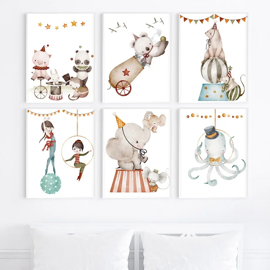 Multiple sizes 1pc frameless Canvas Painting,Cartoon Circus Elephant Panda Octopus Rabbit Monkey Poster Nursery Wall Art Print C