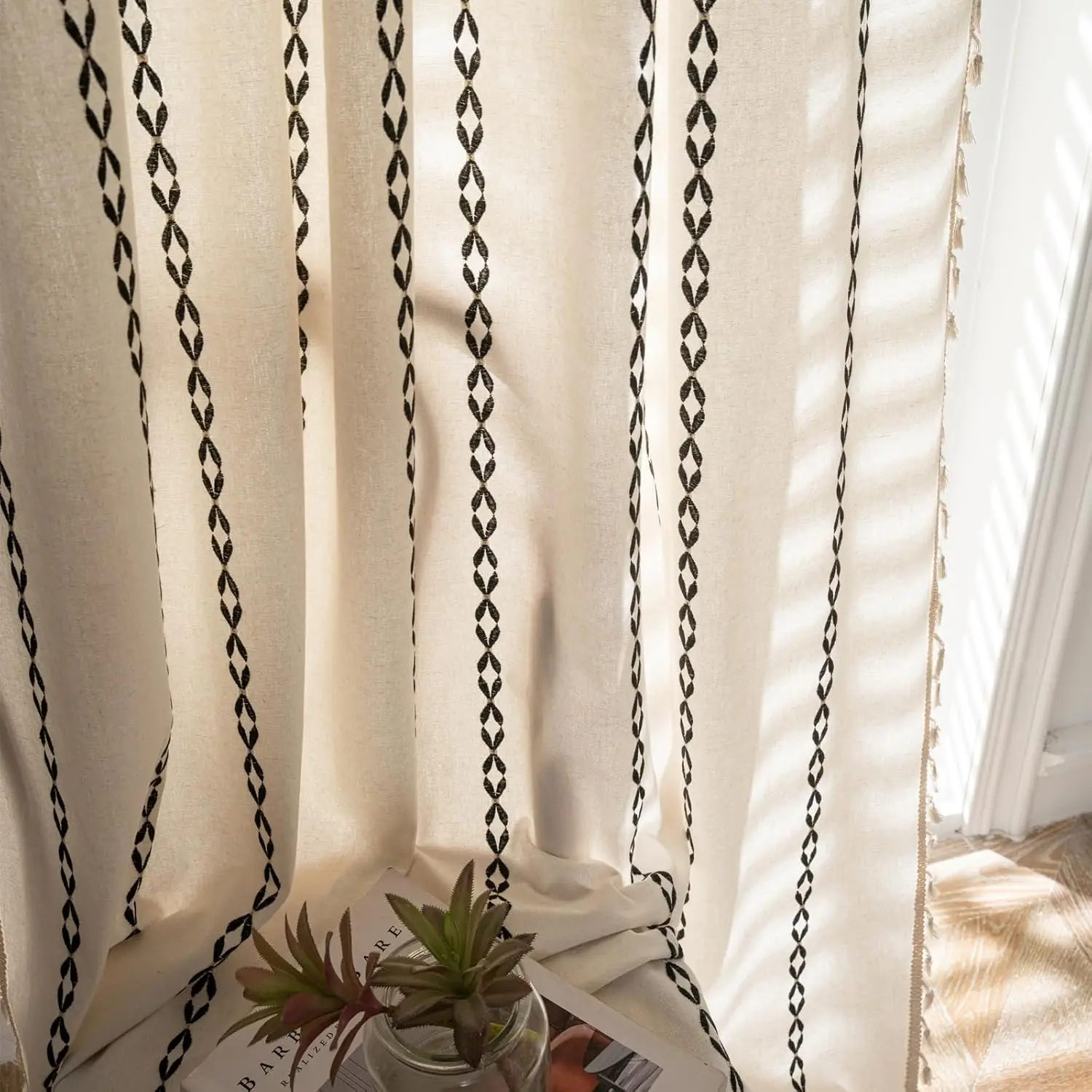 

White and Black Boho Curtains 72 inches Length for Living Room Bedroom Nursery, Chic Bohemian 72 inches Long, Stripe Emb