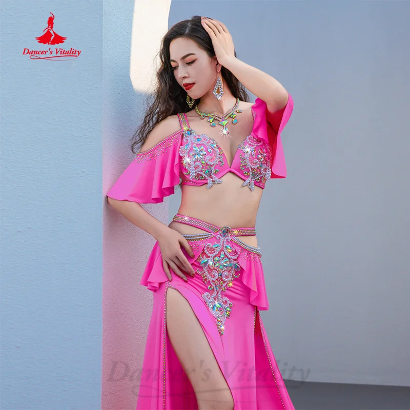 BellyDance Costume Set Customized Exquisite Pearl Bra+rhinestone Split Long Skirt 2pcs Women Oriental Dance Performance Costumes