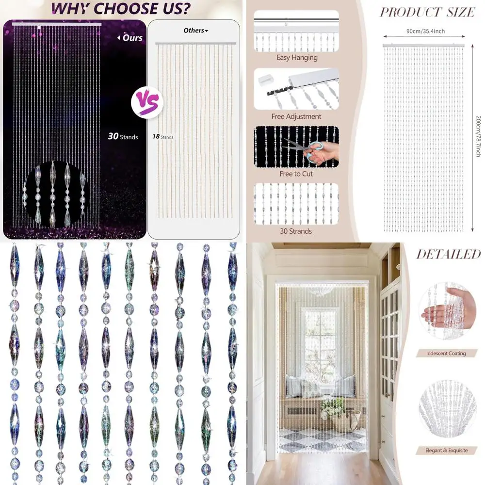 

Iridescent Crystal Beaded Curtains, 2-Panel Acrylic Doorway Curtains, 35 x 79, Oval Beads for Window, Wedding Decor