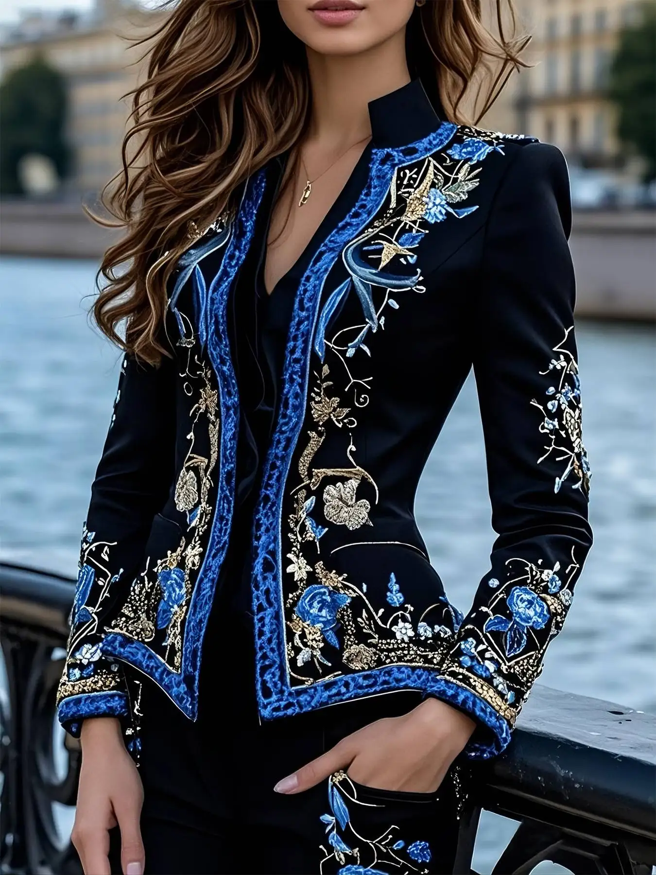 

Elegant Chic Women's Floral Printed Cardigan Jacket Slim Fit Long Sleeve Thin Coat Stand Collar Vintage Streetwear Suit Jacket