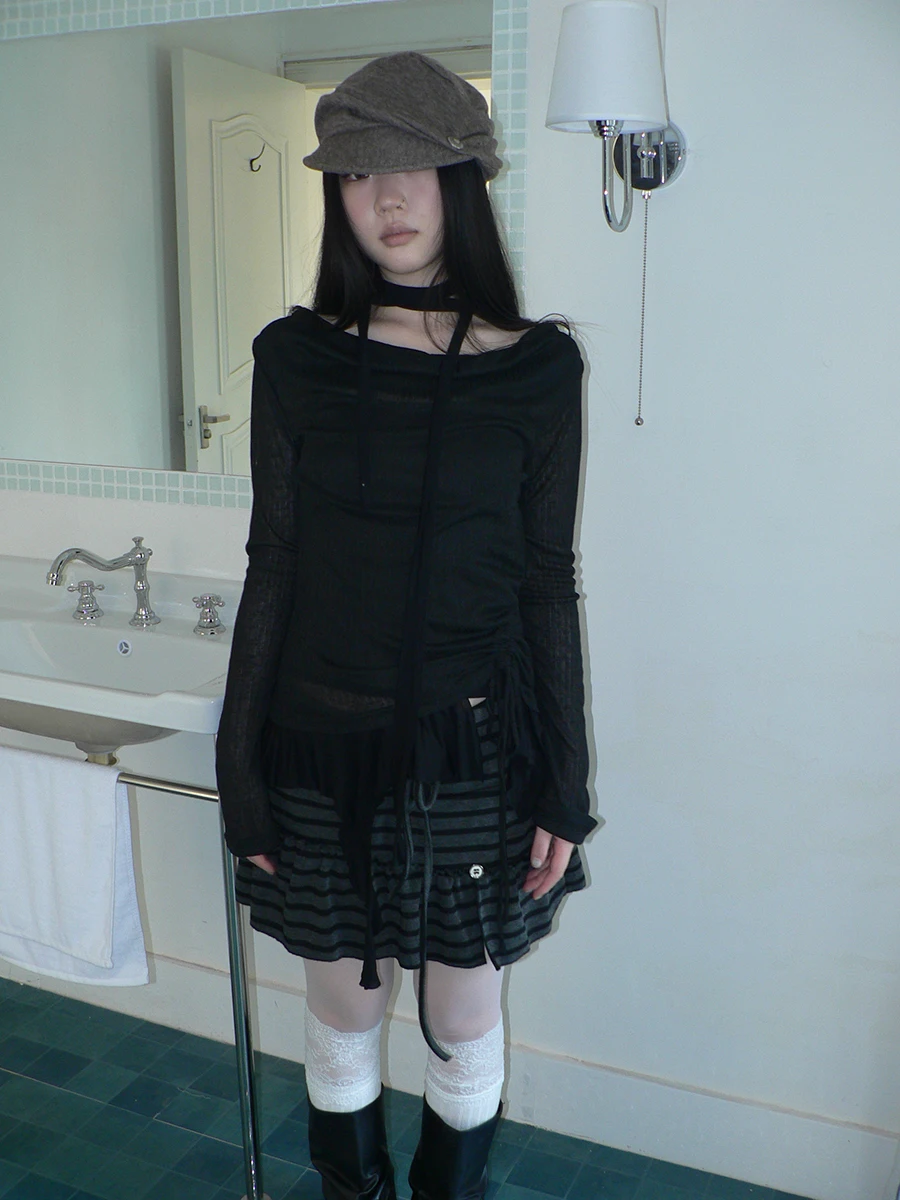 

Angproject 24 Новая корейская футболка с длинным рукавом и эффектом текстуры, с оборками и шарфом для женщин