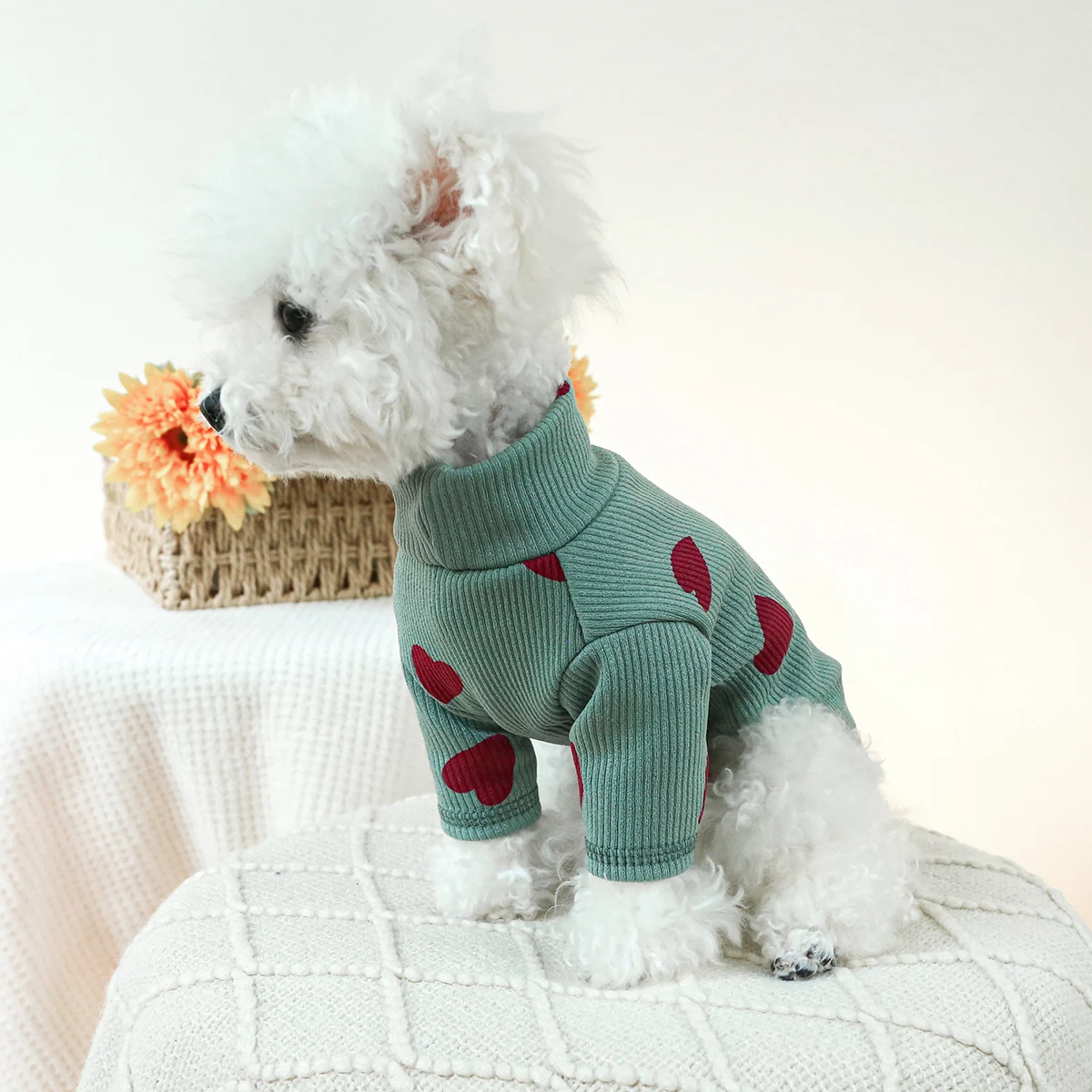 1PC Pet Clothing Dog Cat Spring and Autumn Thin Green Love High Neck Elastic Pullover Pajamas Home Clothes For Small Medium Dogs